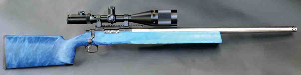 This 6mm-284 was built on a blueprinted Remington 700 action by Lex Weberneck of Rifles, Inc. At the time, it was considered by him to be the perfect rifle for sitting at a portable benchrest and surprising rockchucks at extremely long distances. It weighs 20.5 pounds.